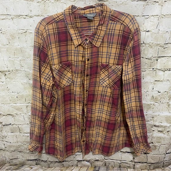 Natural Reflections Brown Red Plaid Cotton Cotton Button Up Top - Picture 1 of 5